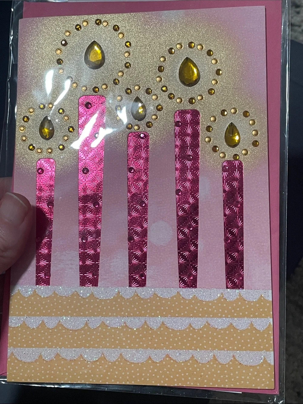 🖤5/$25 Pink Foil Birthday Candle Card with Yellow Gem Accents
